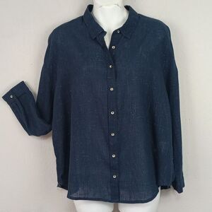 Lucky Brand Women Navy Blue With Metalic Thread Casual Button Down Shirt sz M